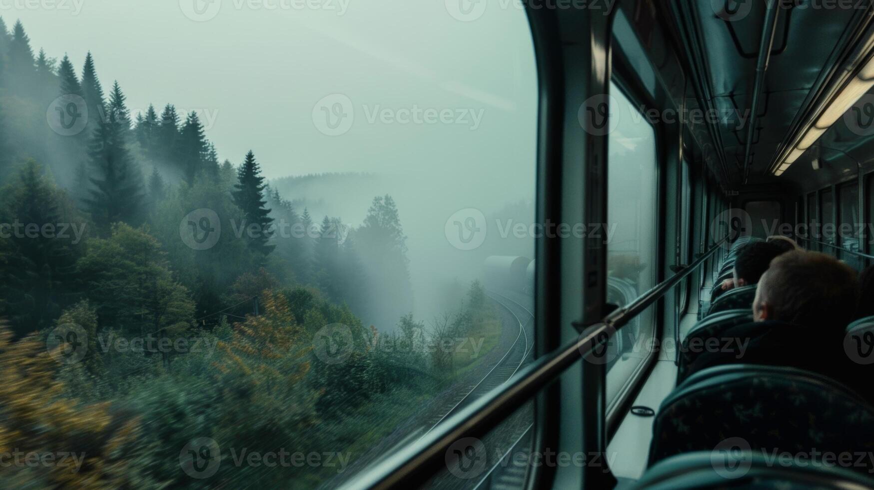 Passengers on the train are drawn to the window mesmerized by the foggy landscape photo