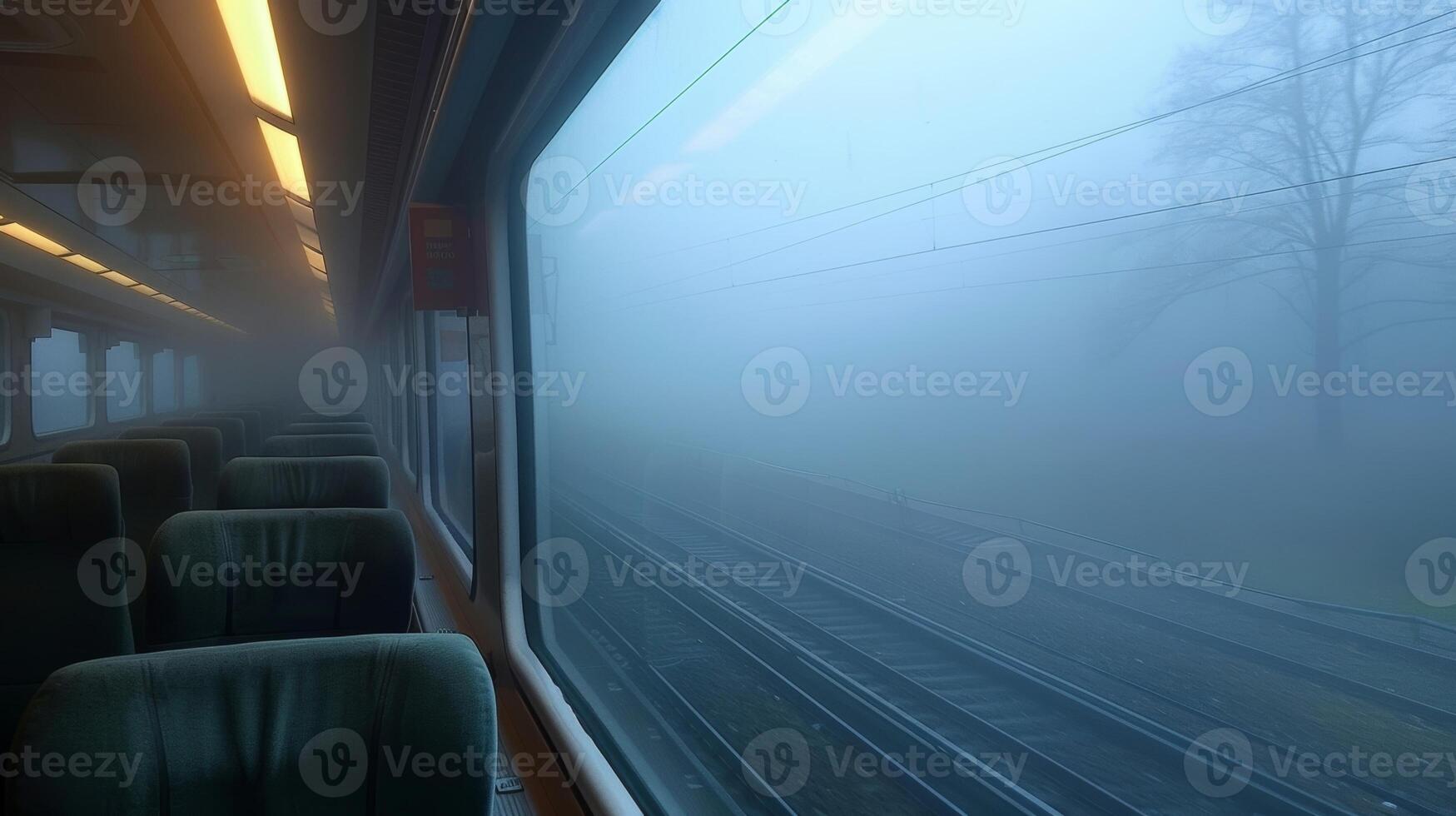 The foggy backdrop creates a unique and unforgettable train journey photo