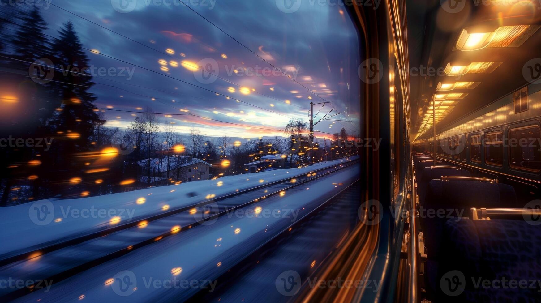 The trains windows become mirrors reflecting the lights of the passing landscape as it races by photo