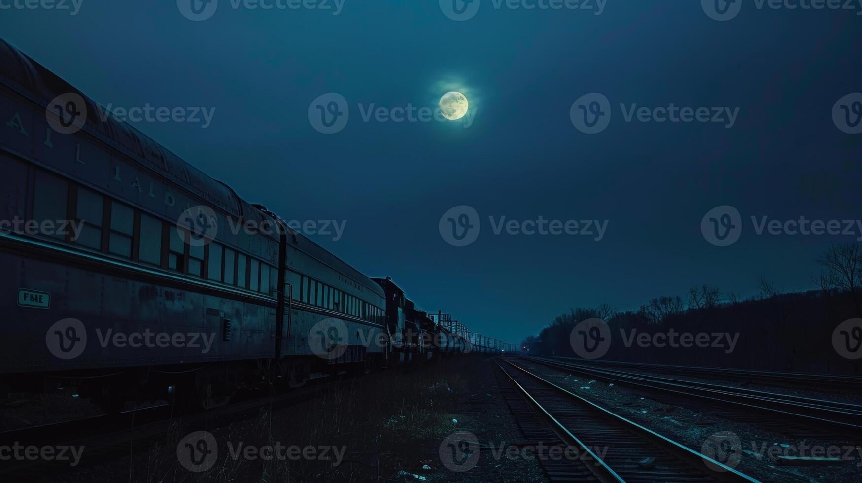 The moons soft glow casts shadows on the train cars as they travel into the night photo