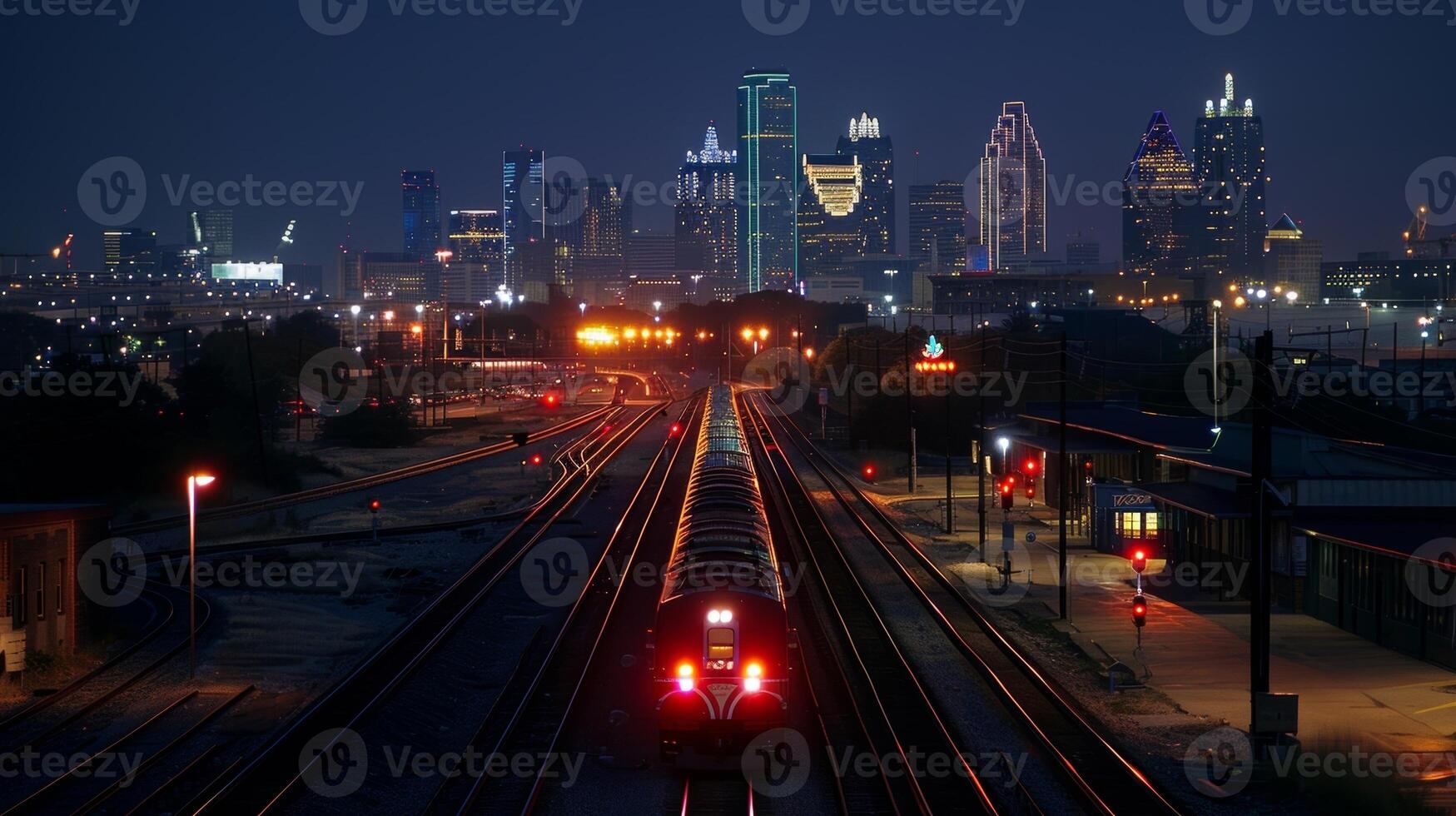 The citys skyline looms in the distance a dazzling backdrop for the trains that run through the night photo