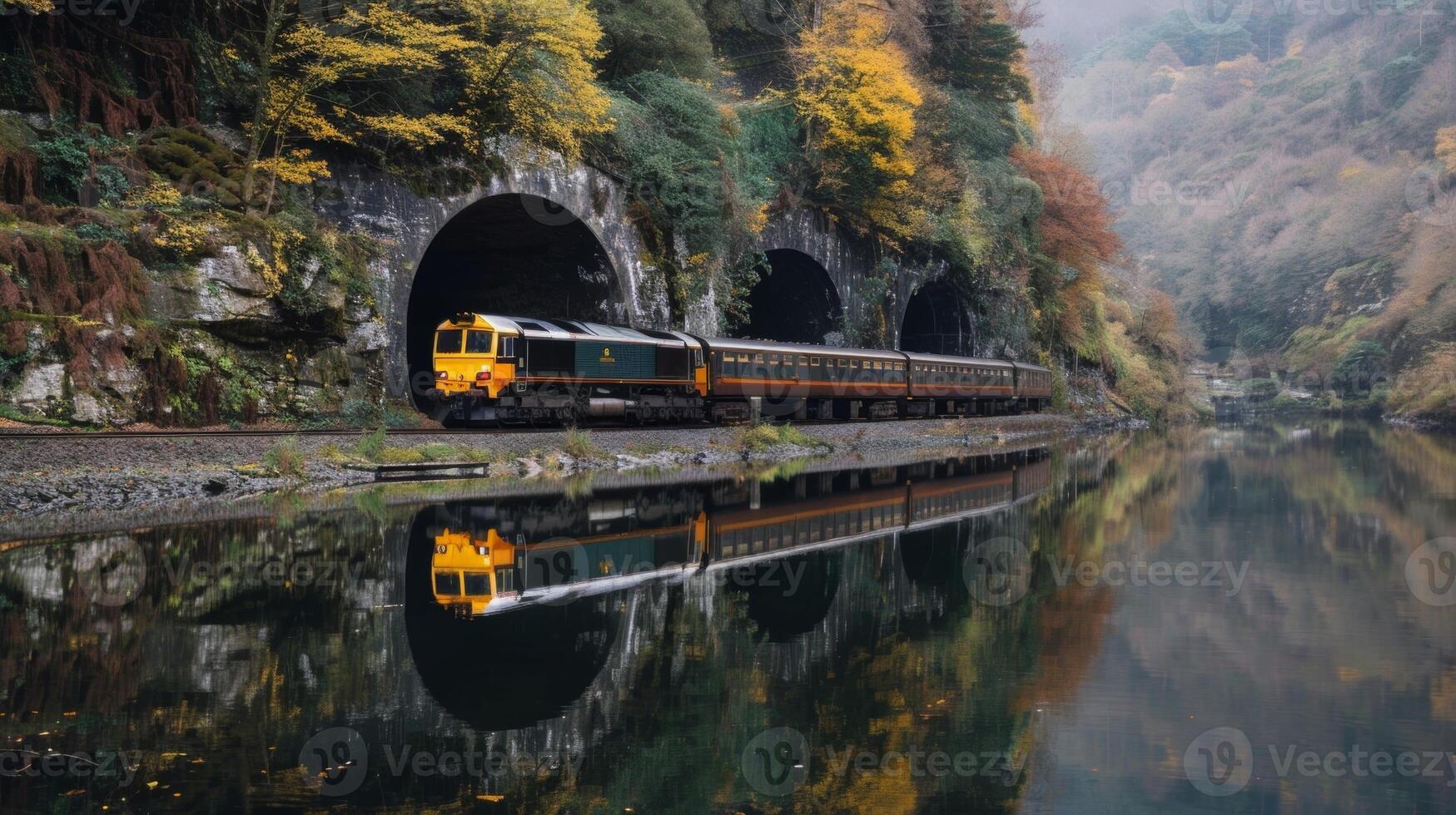 The trains reflection can be seen in the tranquil waters of a lake as it emerges from a tunnel photo