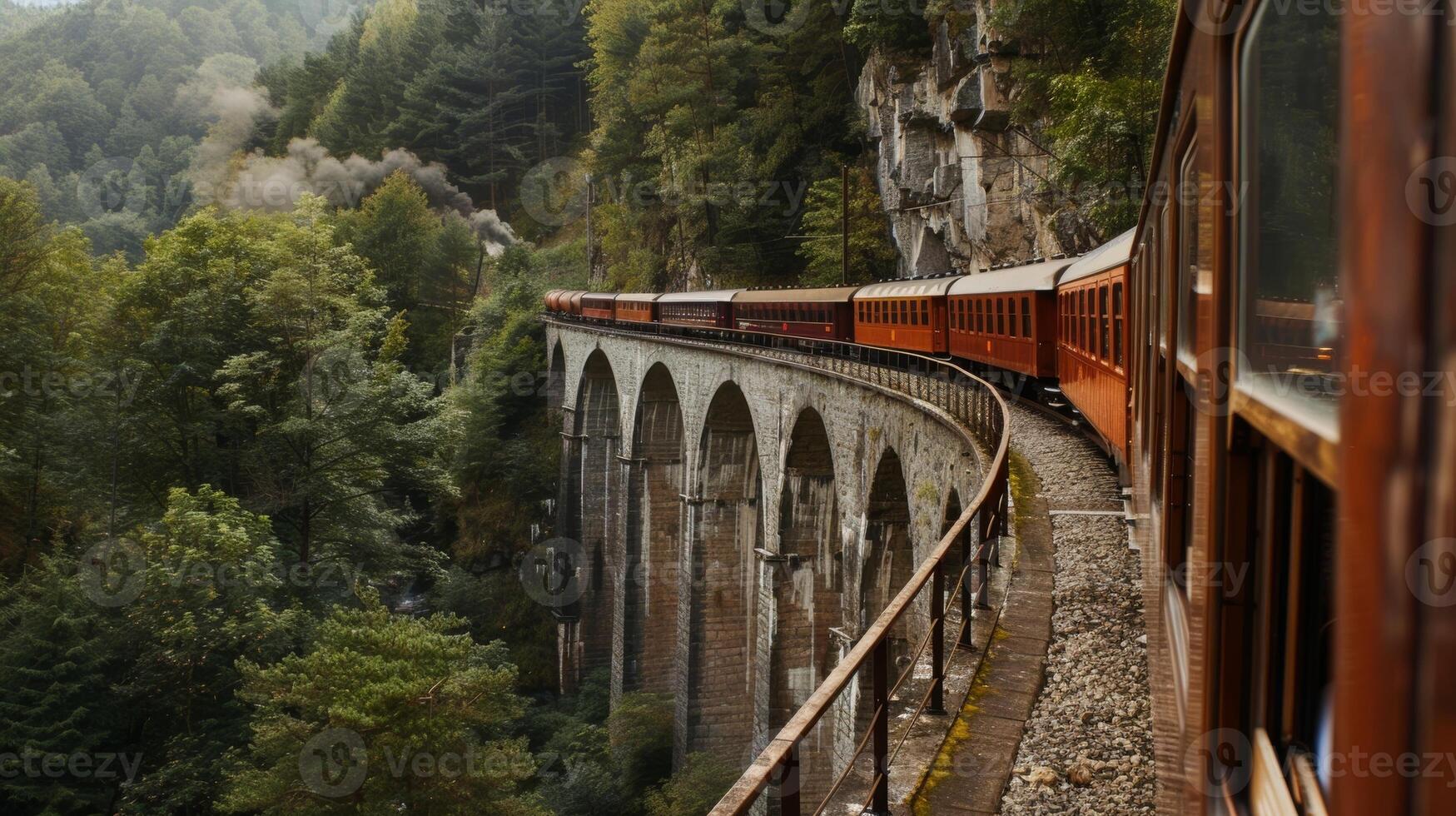 A train gracefully makes its way across a timeless stone bridge photo