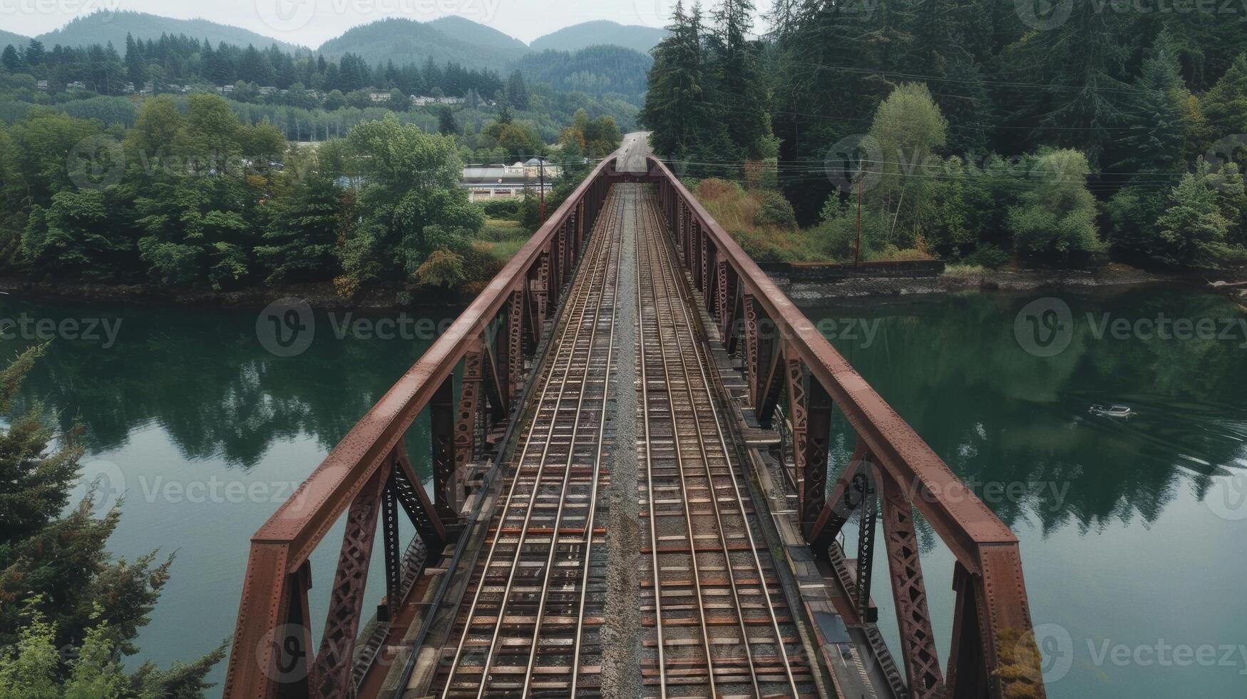 A drone captures a unique aerial view of a train bridge and its passing train photo