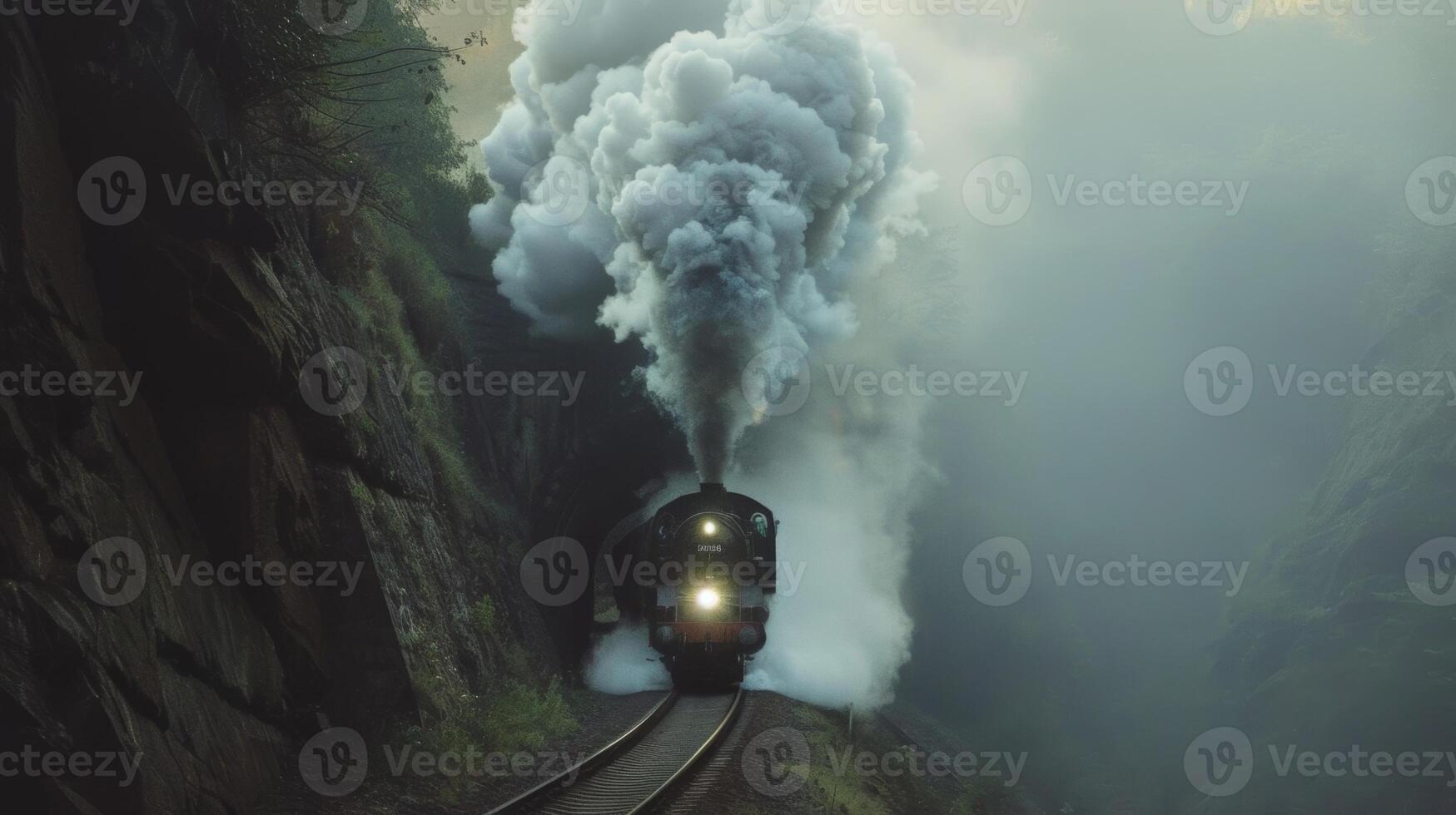 Through the smoke and steam the train can be seen emerging triumphantly from the mountain tunnel photo