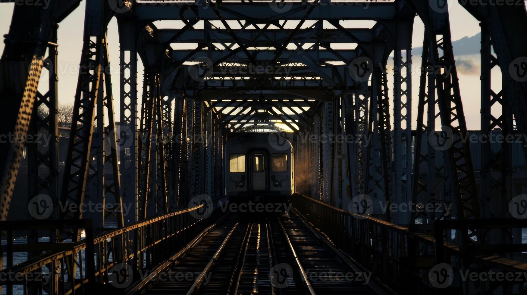 The iconic silhouette of a train crossing a towering iron bridge photo