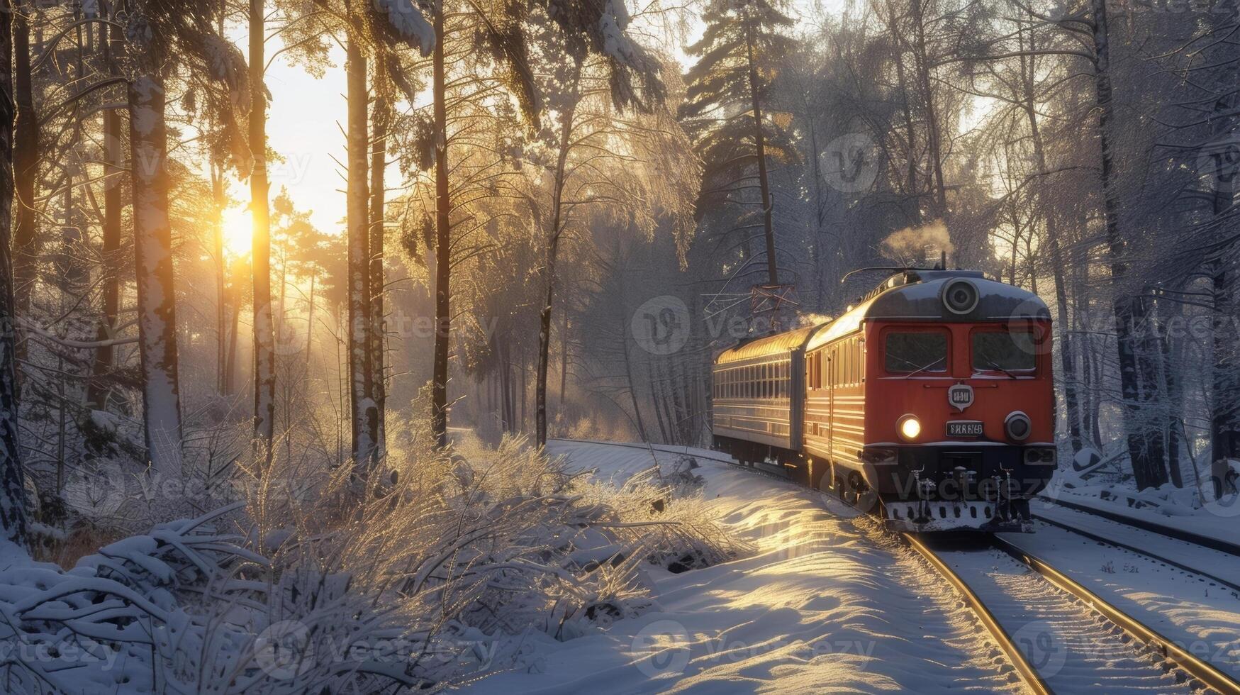 The train winds its way through a frosty forest the sun peering through the trees and casting shadows on the snowy ground photo