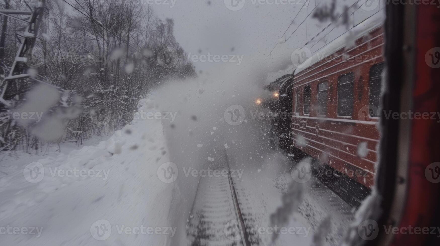 A snowstorm engulfs the train making it seem like an adventure through a winter wonderland photo