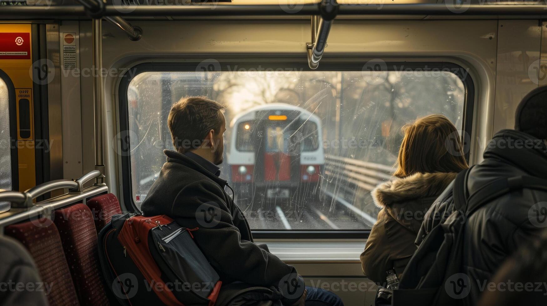 The anticipation of the day ahead reflected in the tense postures and calculated movements of the commuters photo