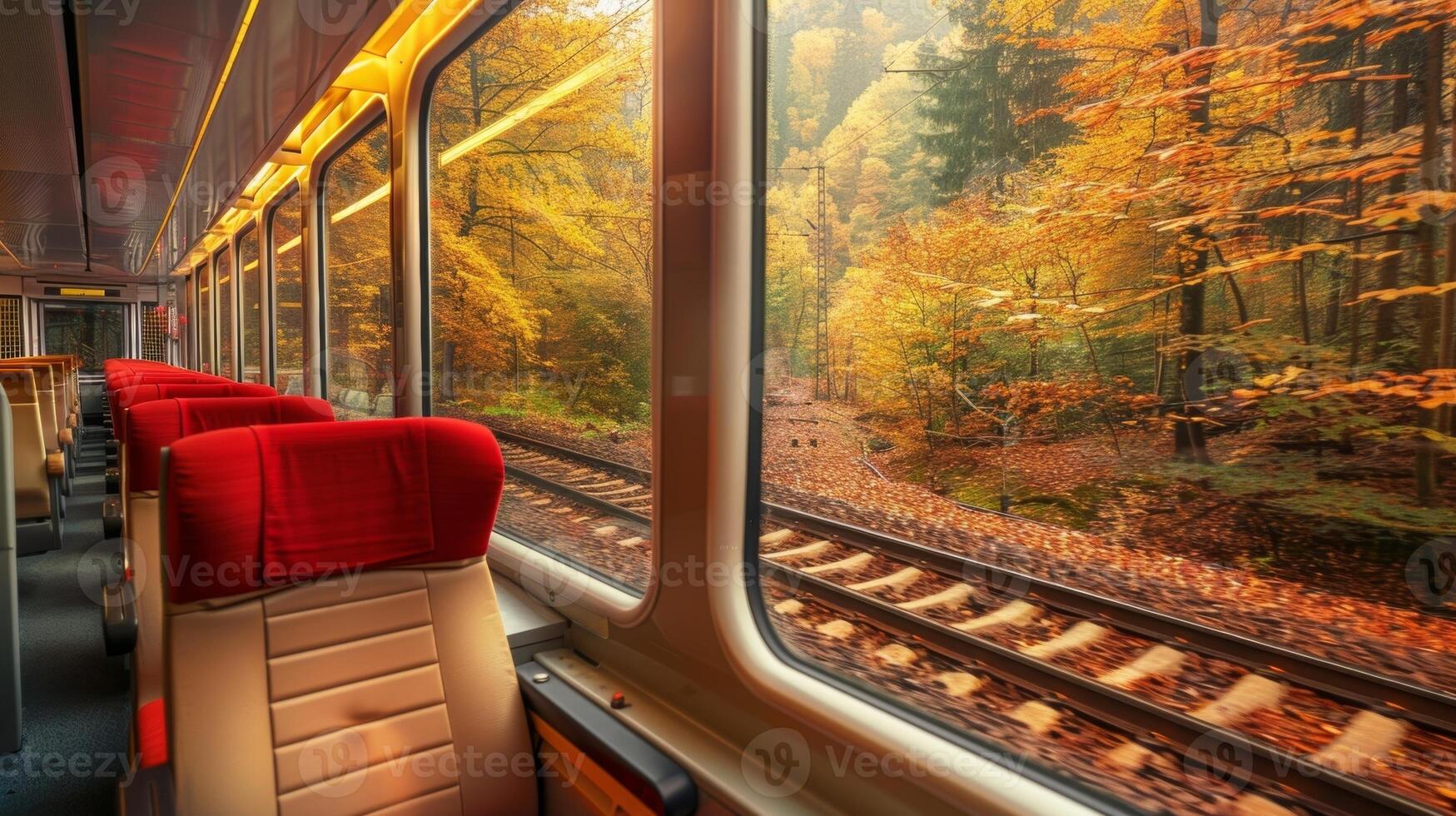The trains passengers are treated to a scenic journey through the autumn forest photo