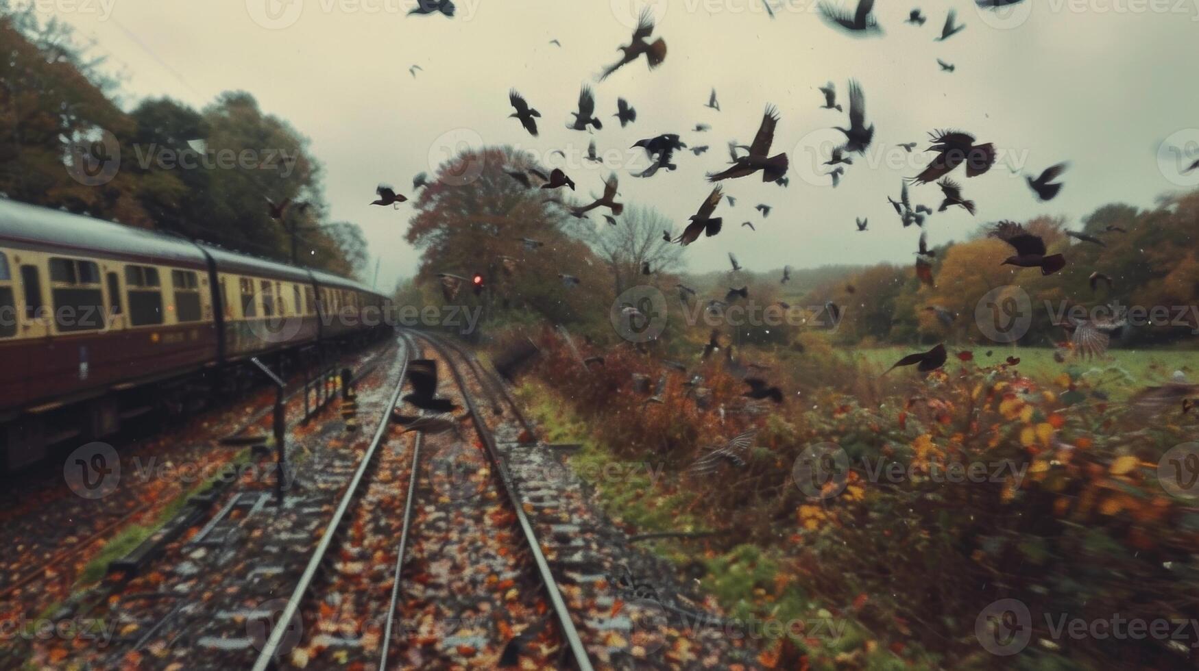 A flock of birds takes flight as the train disrupts their autumn roost photo