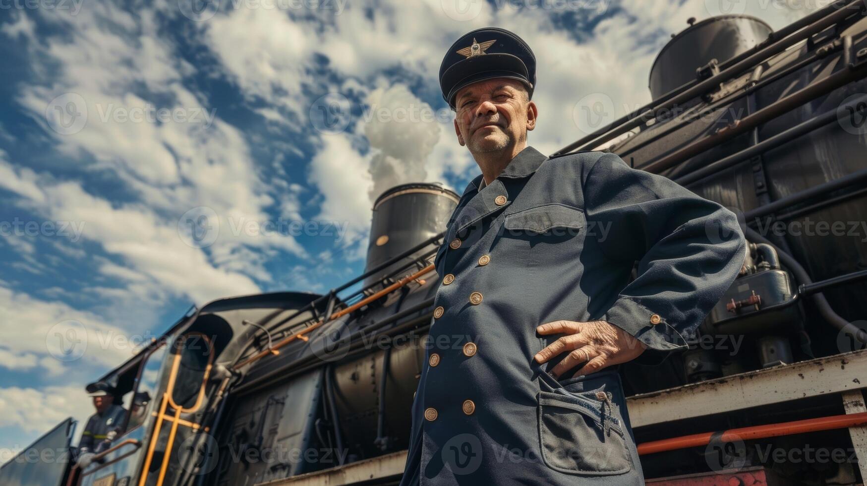 A train conductor standing tall and proud in front of the locomotive photo