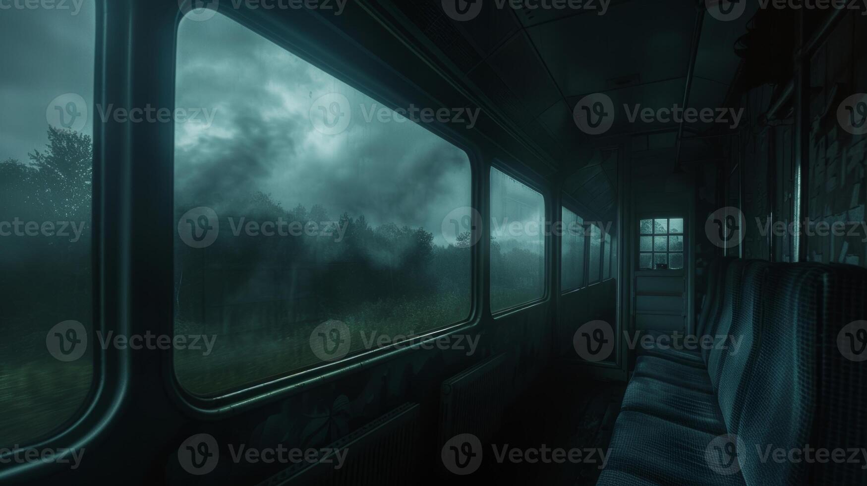 A stormy sky looming over a train traveling through a dark forest photo