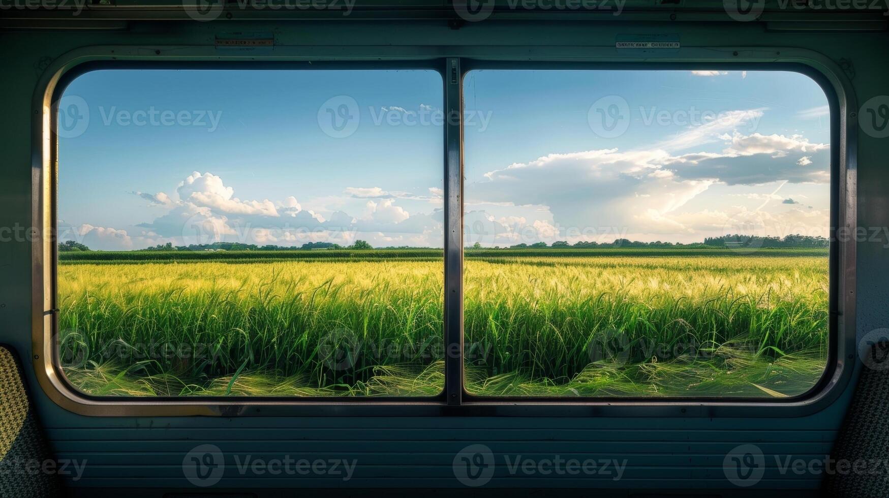 Fields of wheat and corn create a sea of green around the train photo