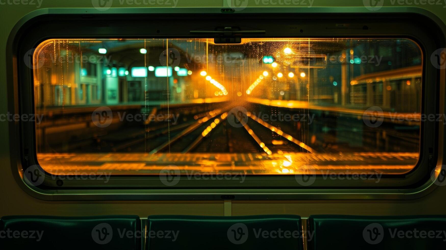 Looking out of the train window the station appears like a glowing jewel in the dark photo