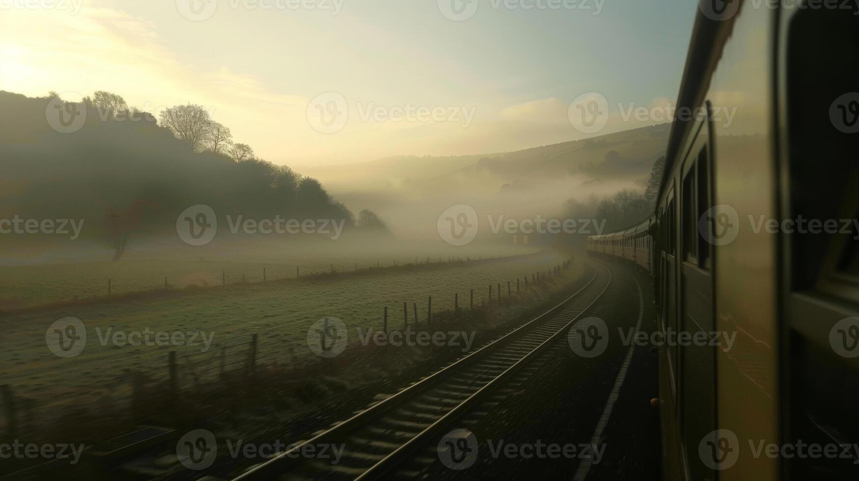 The train travels through a misty morning revealing layers of hills and valleys shrouded in a mystical haze photo