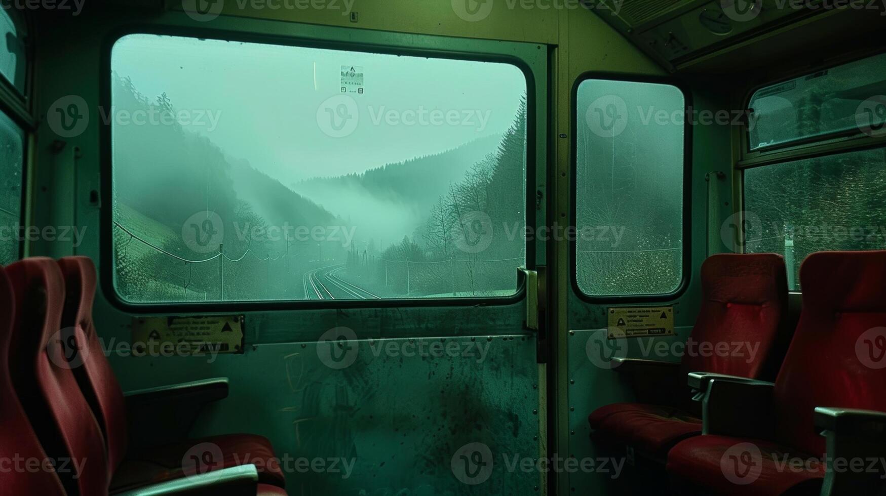 The fog adds a sense of mystery to the already majestic valley as the train passes through photo