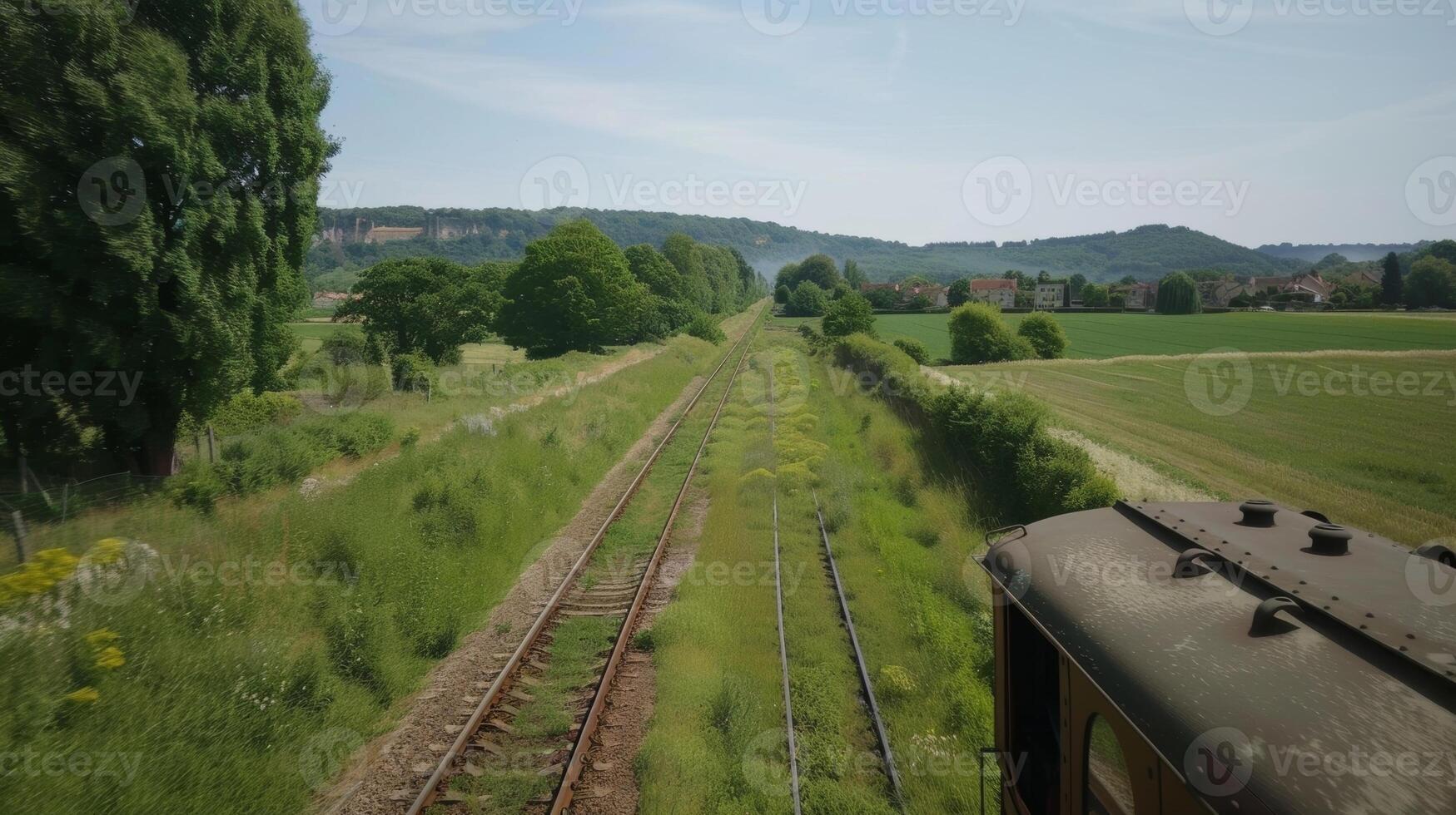 The railway makes its way through the enchanting countryside stopping at a medieval abbey photo
