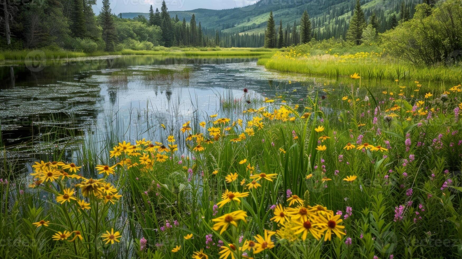 Wildflowers dot the wetlands adding a pop of color to the otherwise green landscape photo