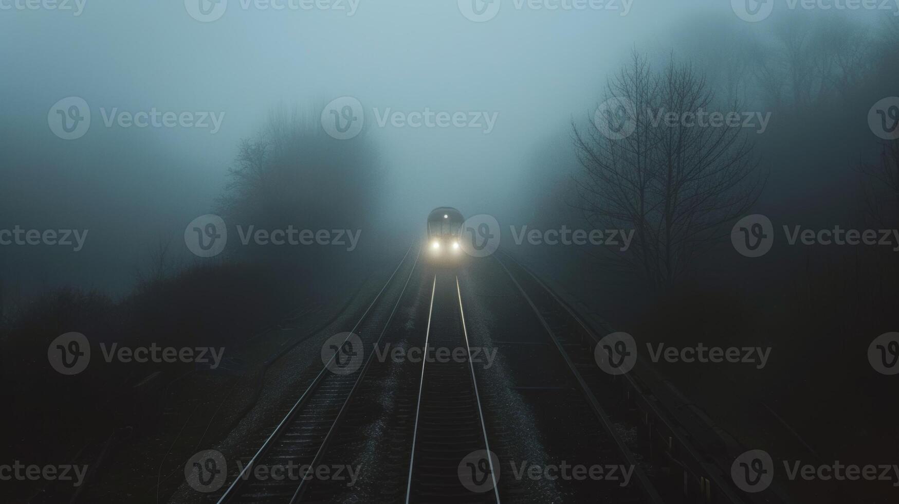 A train passing through a dense fog creating a moody and mysterious atmosphere photo