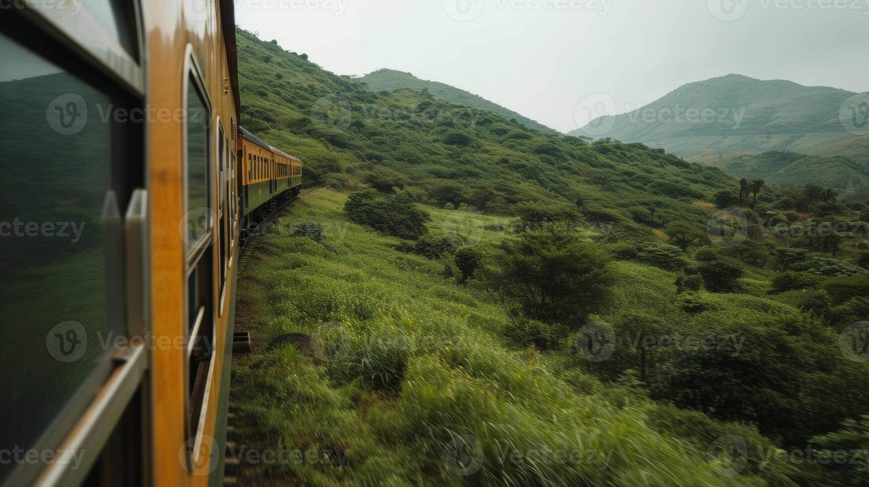 As the train makes its way along the track the hills seem to rise and fall like giant waves photo
