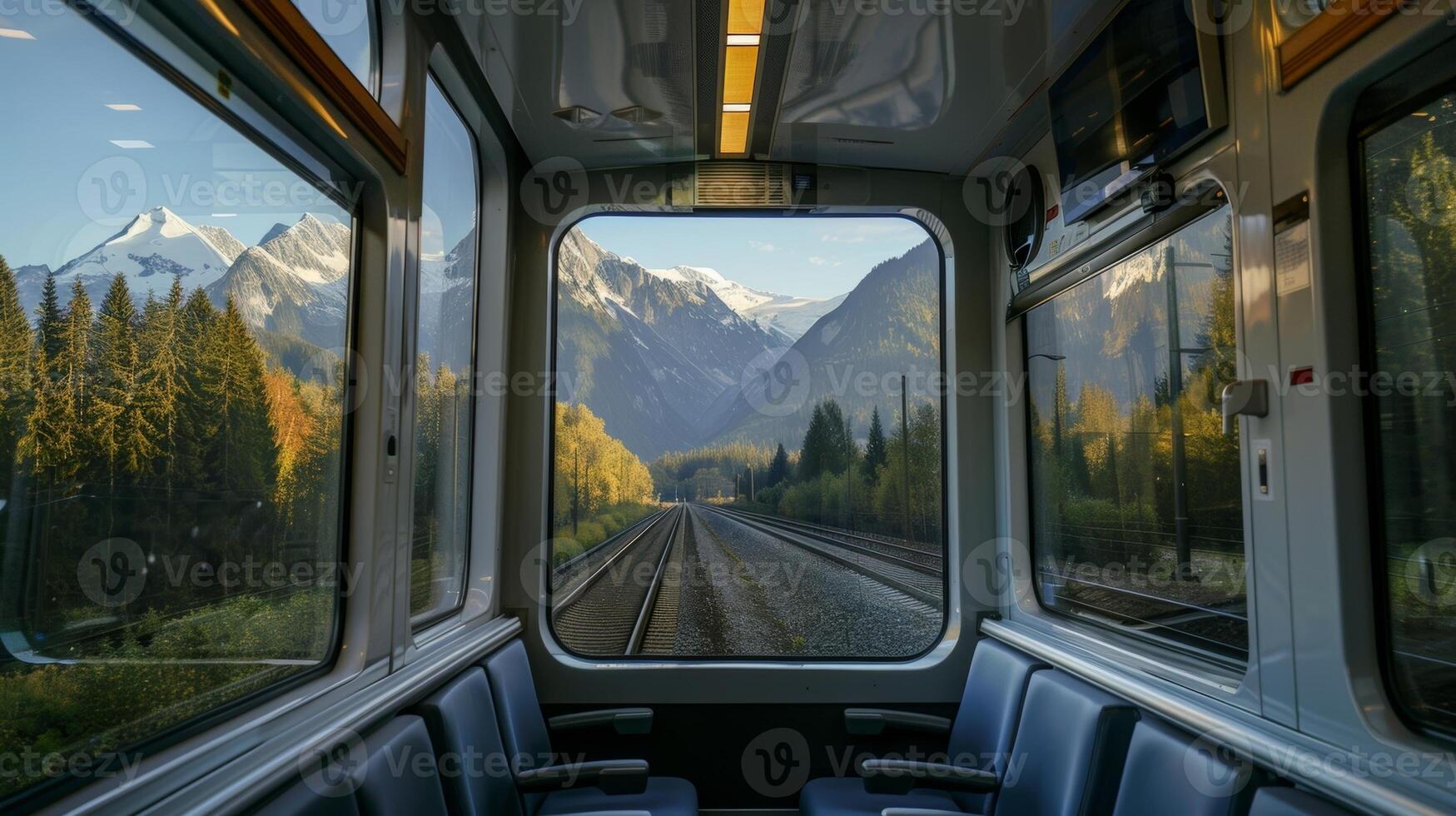 Rolling hills give way to jagged peaks as the train traverses the mountain terrain photo