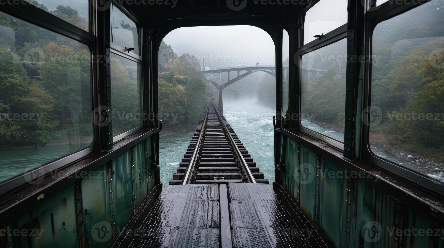 The train slowly passes over the roaring river supported by the sy iron legs of the rail bridge photo