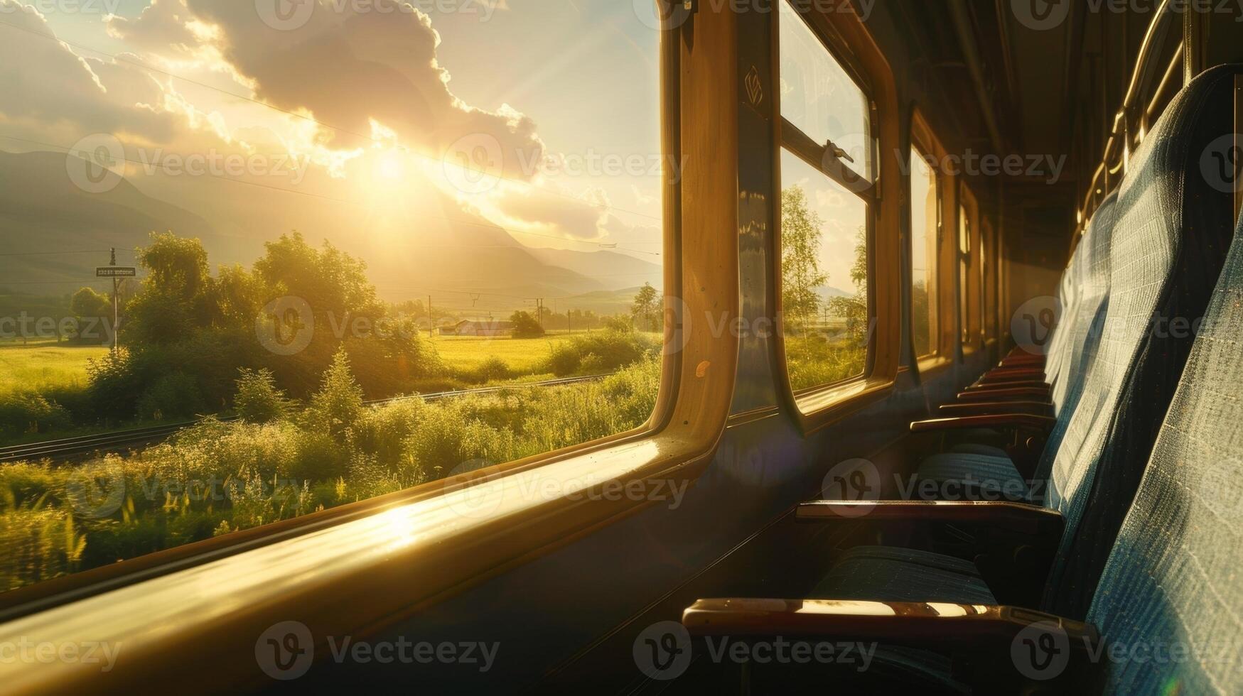 A beautiful landscape rolling by outside the train window accompanied by a soothing soundtrack in a travel documentary photo