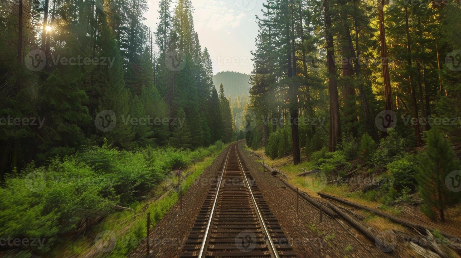 A peaceful ride through towering trees on a train route through a national par photo