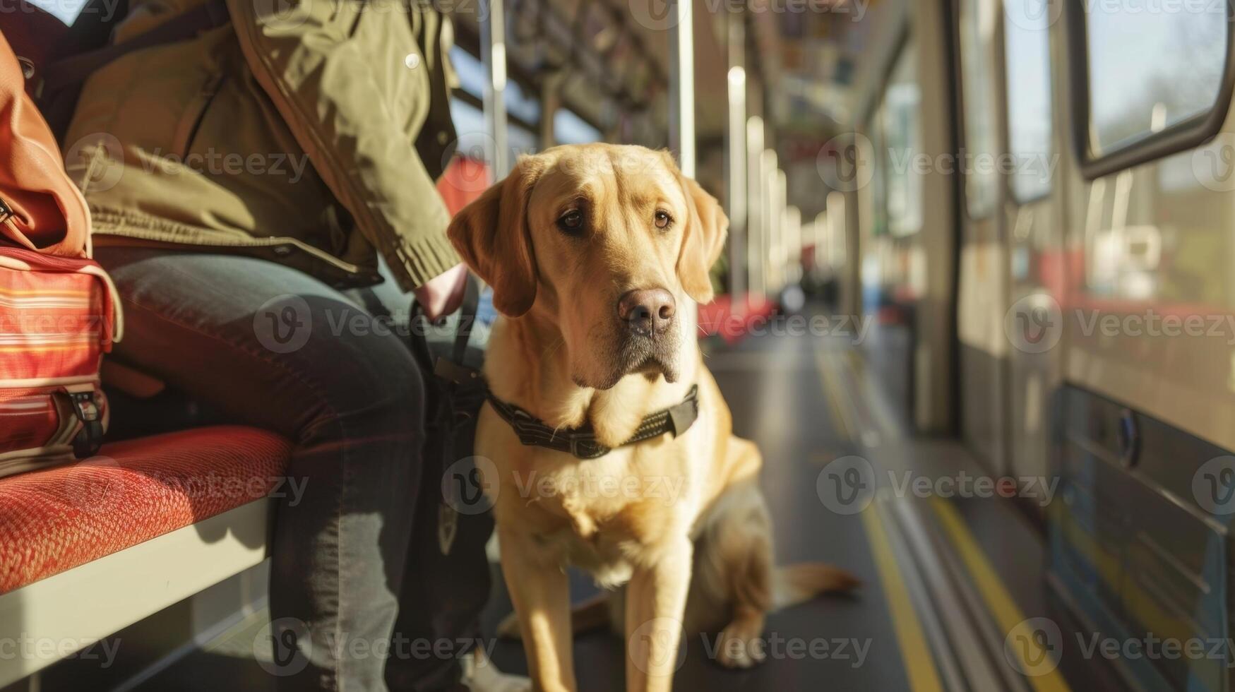 A guide dog confidently leads their blind owner to their designated seat on the train before settling down at their feet photo