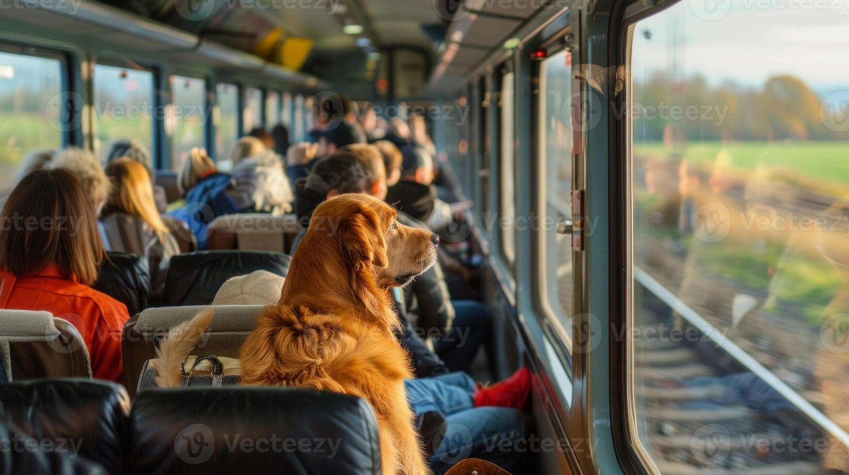 The trains observation car is bustling with activity as travelers with pets enjoy the panoramic views together photo