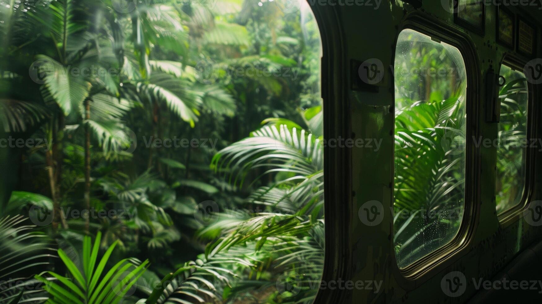 The trains windows showcased a diverse array of plant and animal life in the rainforest photo