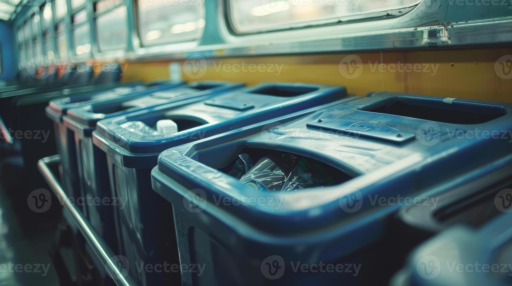 A closeup of the recycling bins available on the train encouraging passengers to reduce waste and recycle while traveling photo