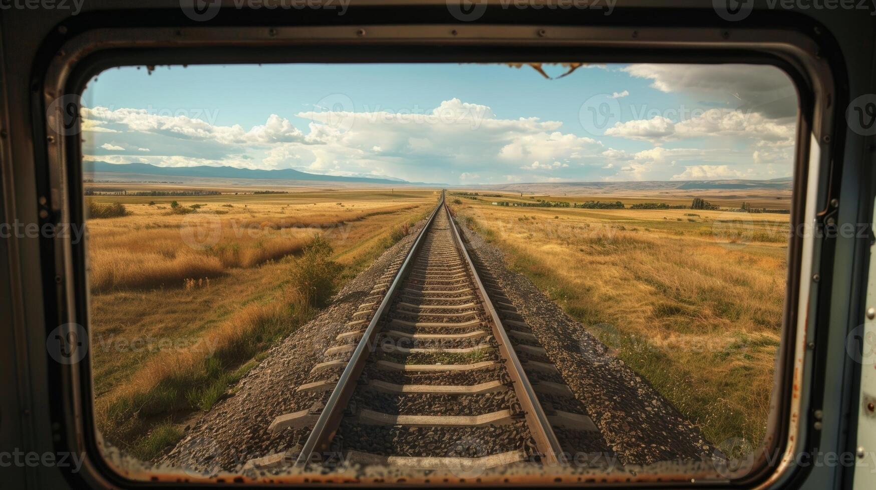 Train tracks stretching endlessly into the horizon ting through remote landscapes and connecting distant towns photo