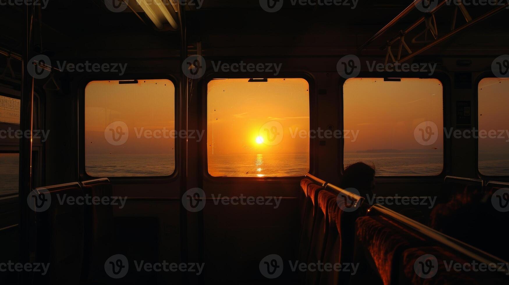 The sun setting behind the trains silhouette creating a picturesque backdrop for a journey to a remote island photo