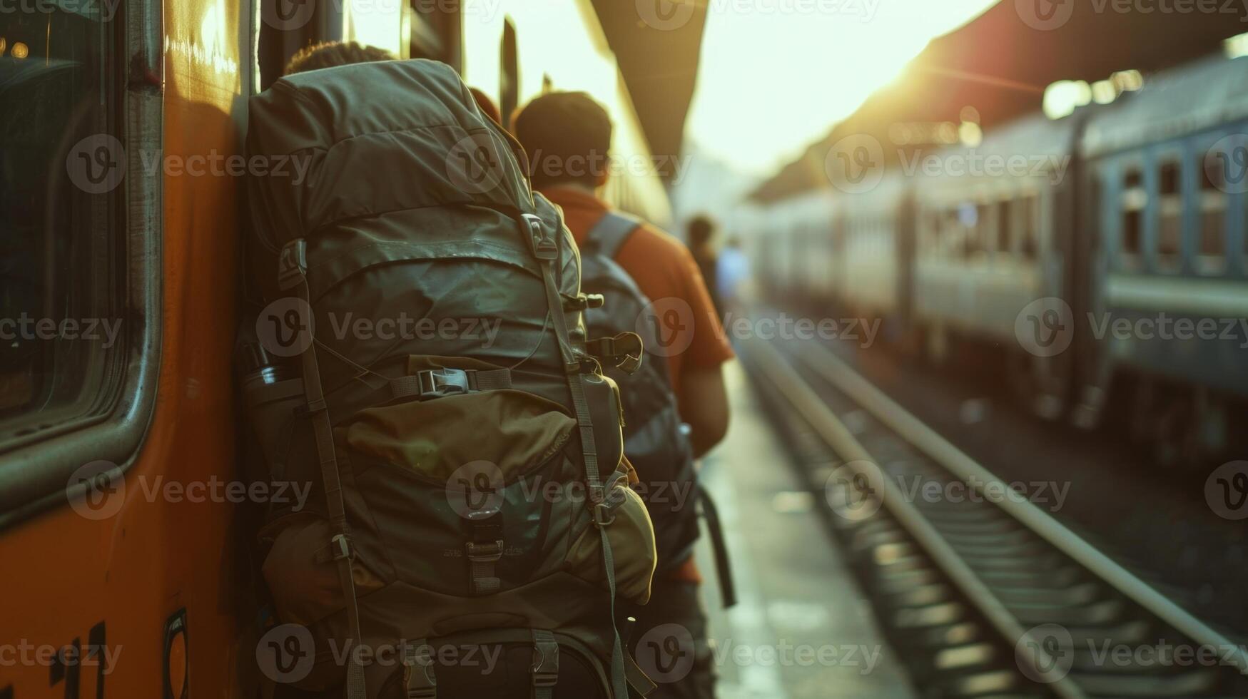 The train symbolizes the journey these backpackers are on with each stop offering new experiences and memories to be made photo