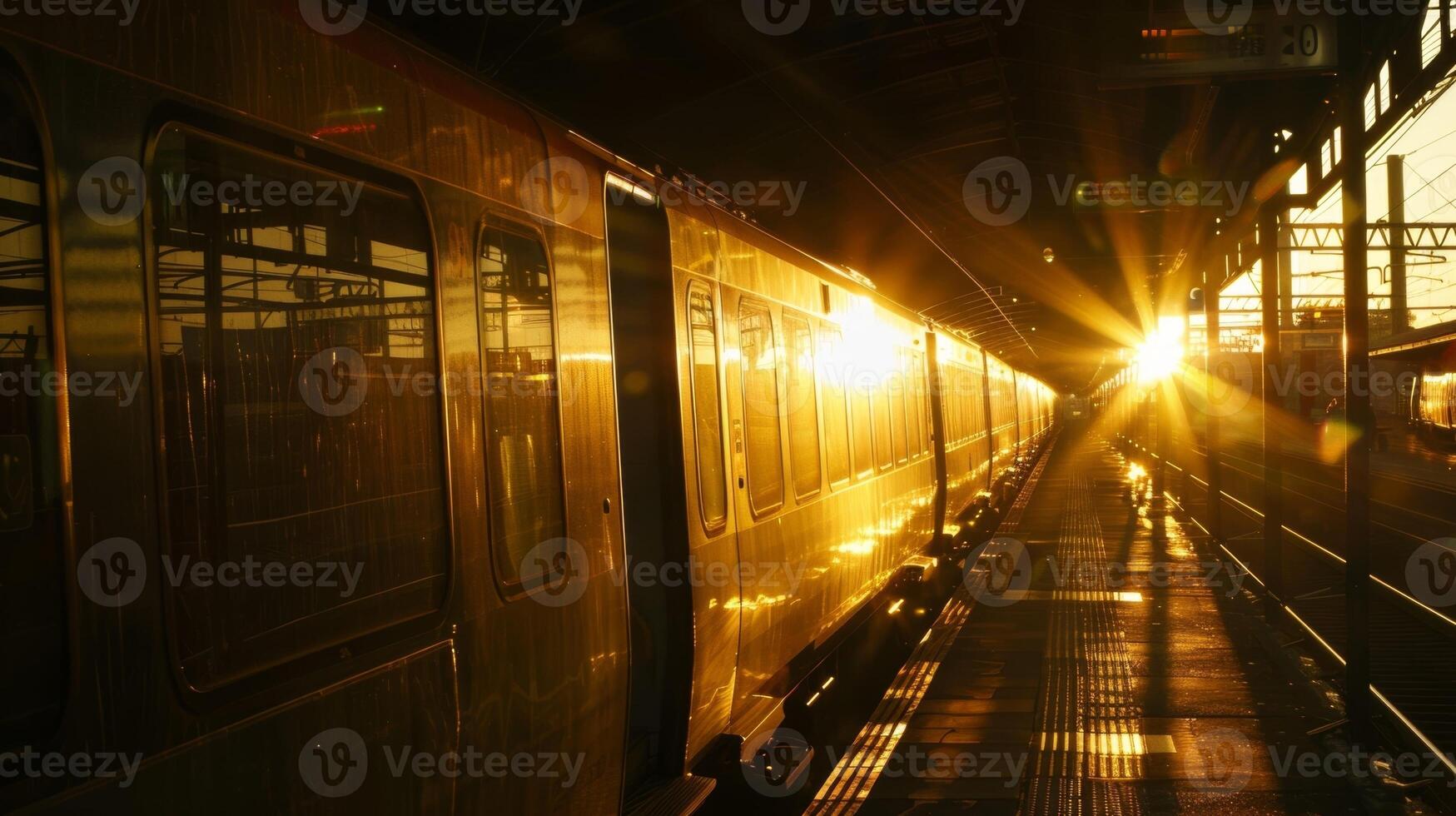 The suns golden rays dance on the trains windows creating a magical atmosphere photo