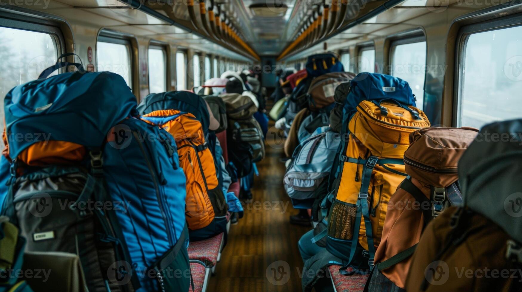 The train seats are filled with backpacks each one holding the essentials for a journey of a lifetime photo