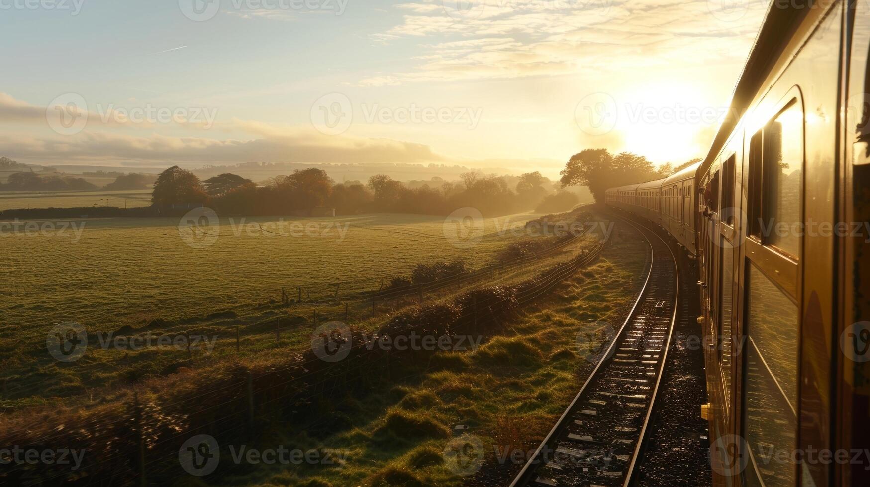 The soft morning light casts a warm glow on the train as it travels through the tranquil countryside photo