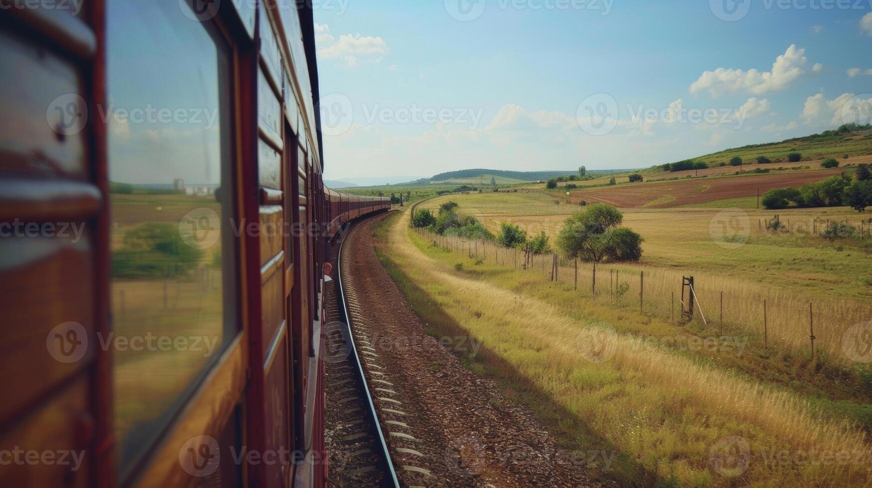 The train offers a unique view of the countryside with its vast expanse stretching out in all directions photo