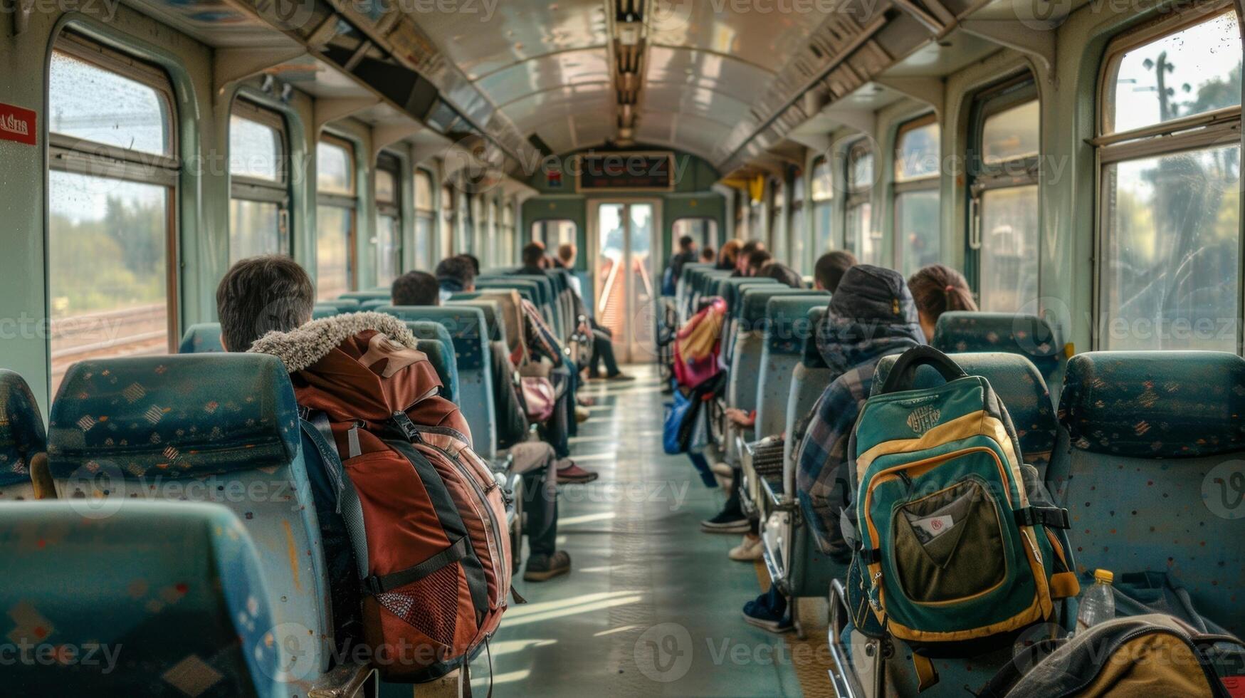 The train slowly chugs away from the station carrying these backpackers to new and exciting destinations photo