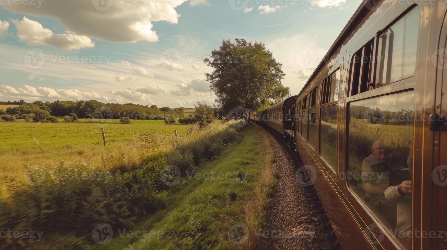 As the train chugs across the countryside the family marvels at the changing scenery outside photo