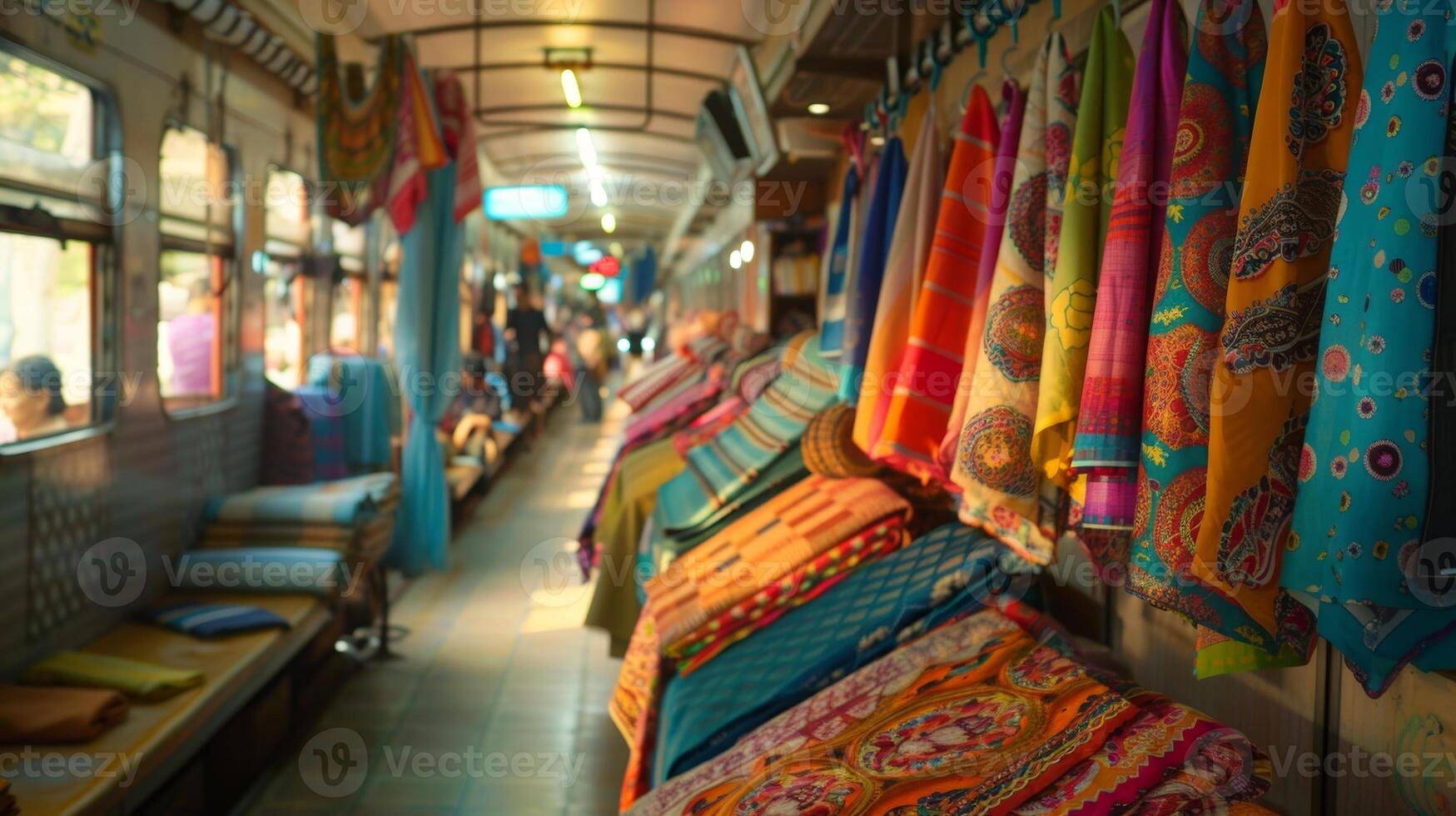 Colorful fabrics and handicrafts catch the eye of passengers passing through the train market photo