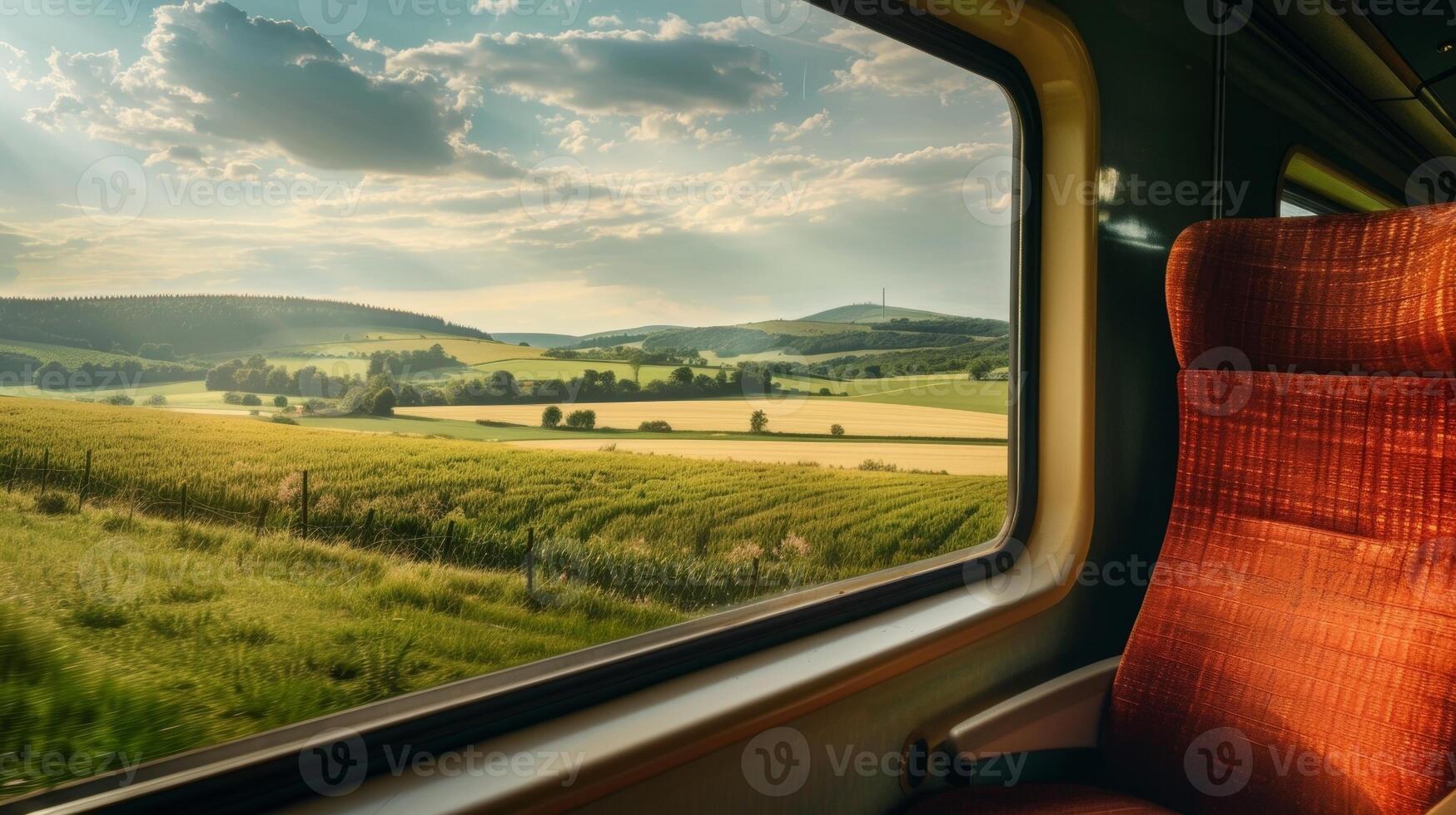 The vast expanse of open fields and rolling hills seen from the train reminding travelers of the importance of preserving agricultural land photo