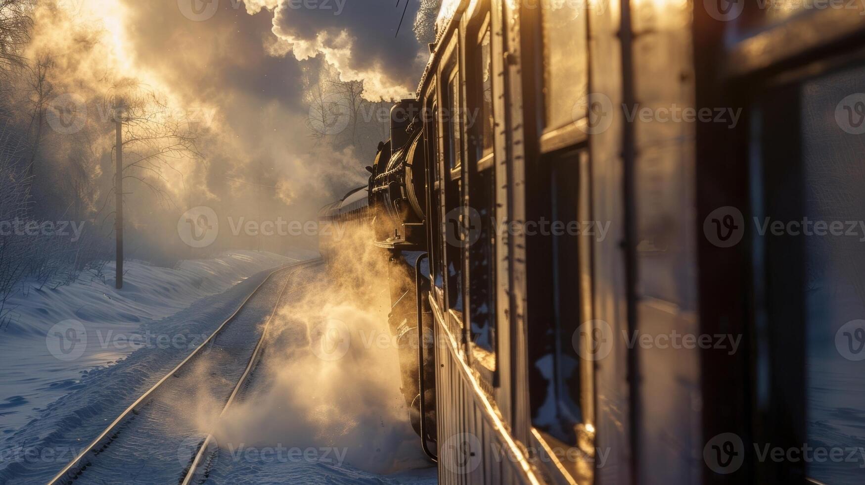 As the train travels through the snow it leaves behind a trail of steam adding to the wintry ambiance photo