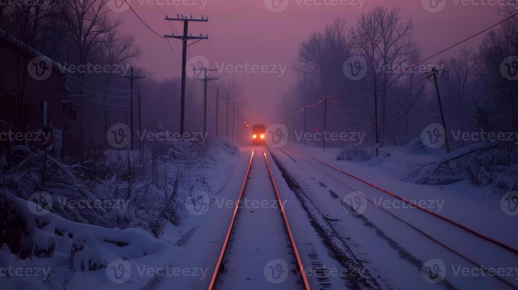 Thick layers of snow cover the train tracks creating an almost surreal atmosphere photo
