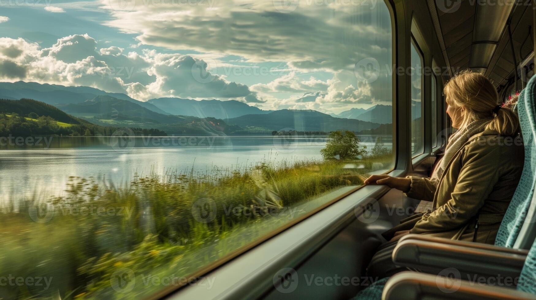 A solo traveler taking in the peaceful surroundings from the train appreciating the minimal environmental impact of this mode of travel photo
