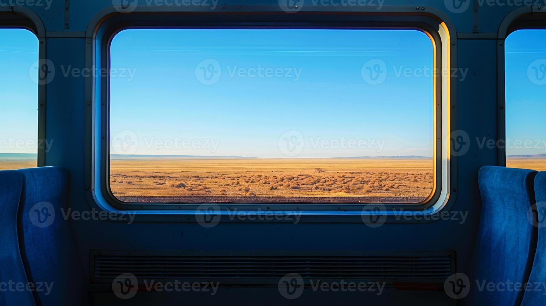 The trains silhouette against the stark blue sky a contrast to the flat expanse of the desert photo