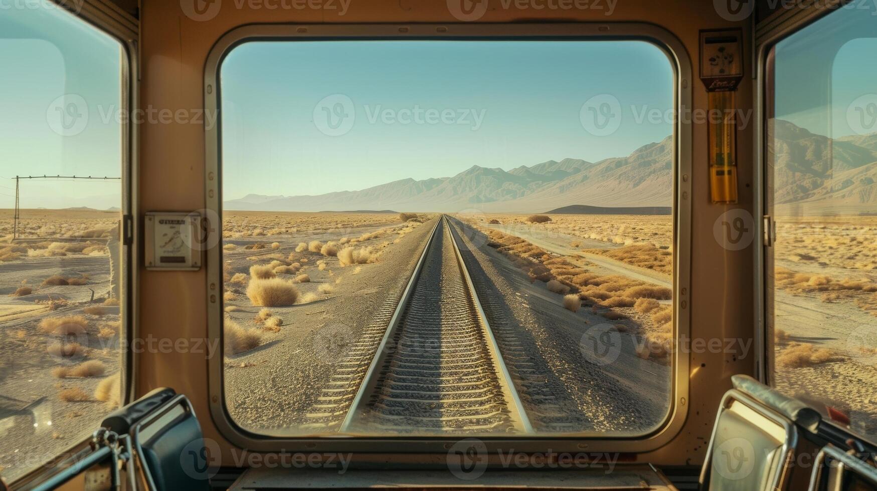 The soft hum of the trains wheels on the tracks a steady rhythm accompanying the endless desert views photo