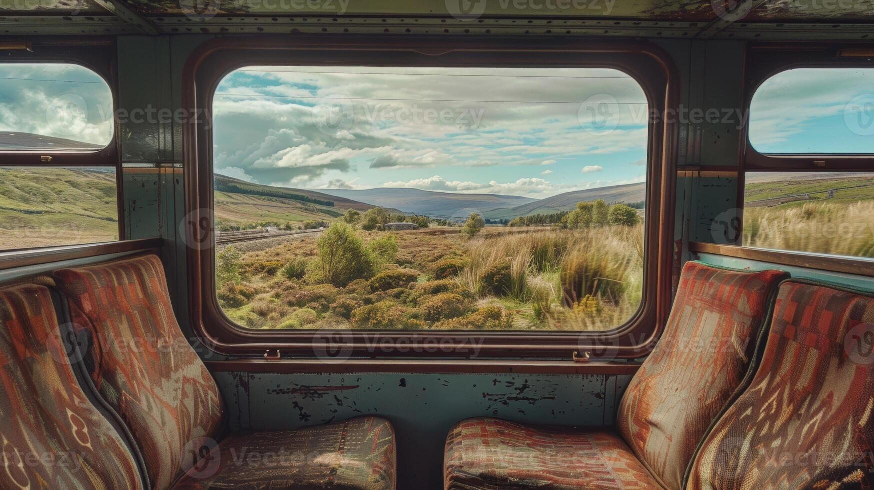 The train pulls up to a picturesque stop in the middle of nowhere photo
